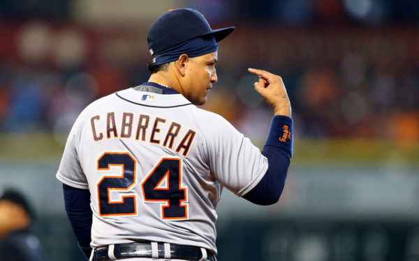 Aug 16, 2015; Houston, TX, USA; Detroit Tigers first baseman Miguel Cabrera reacts against the Houston Astros at Minute Maid Park. Mandatory Credit: Mark J. Rebilas-USA TODAY Sports