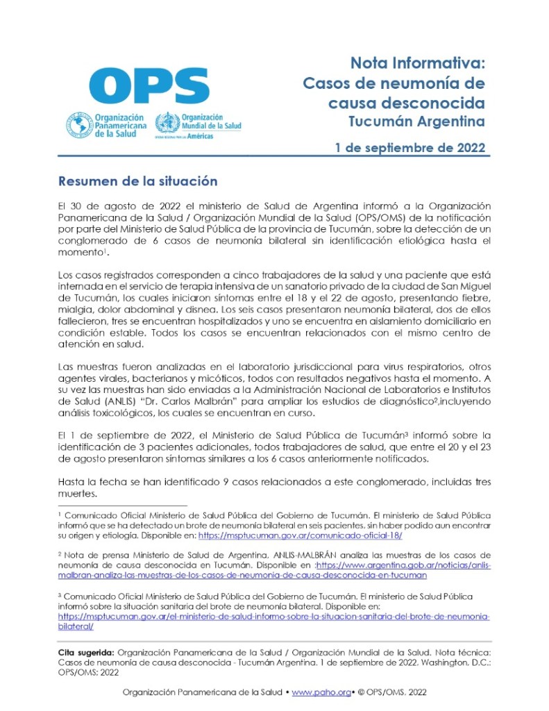 Comunicado de la OPS sobre los casos de neumonía en Argentina 