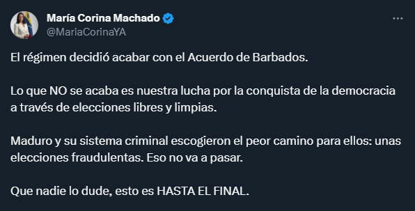 Tuit de María Corina Machado inhabilitada