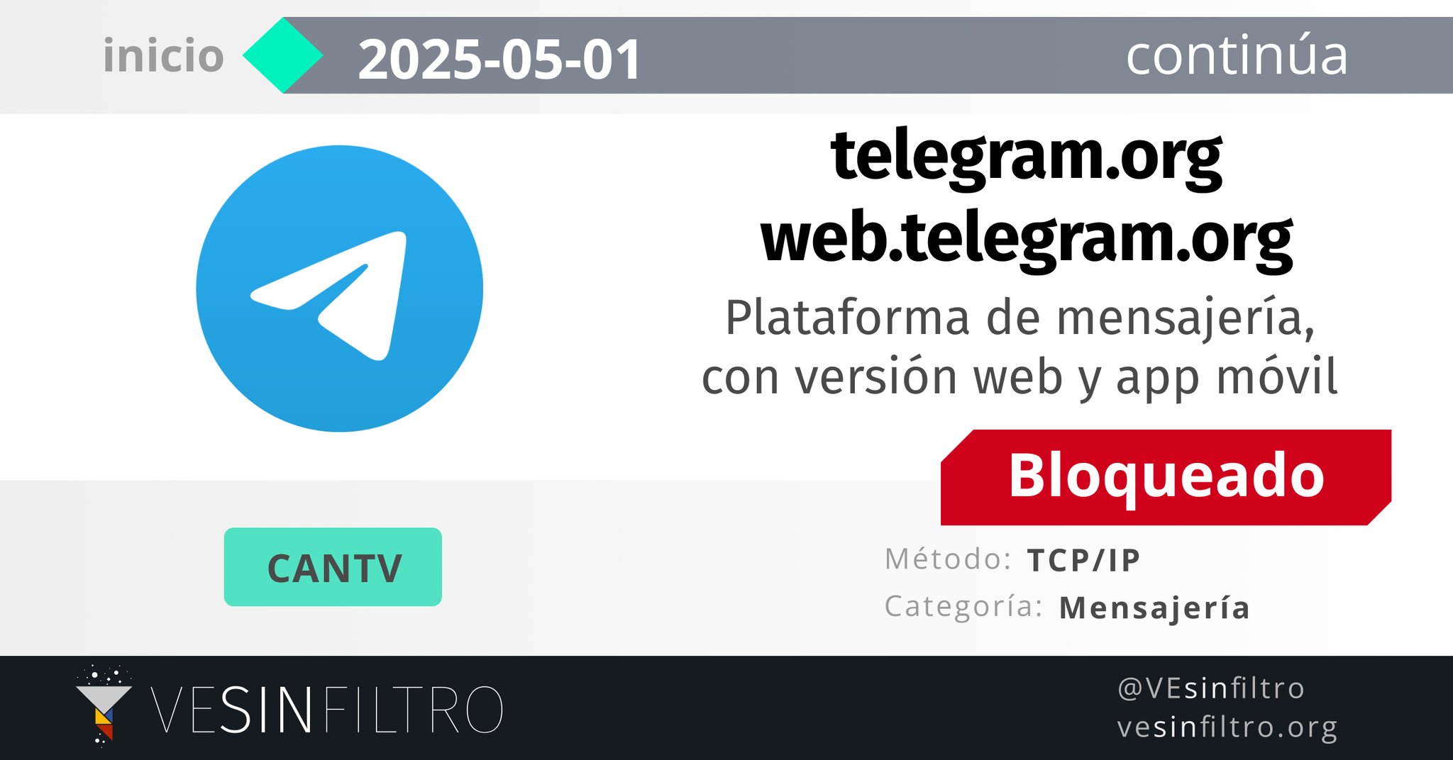 Venezuela Sin Filtro registra nuevo bloqueo a Telegram desde Cantv